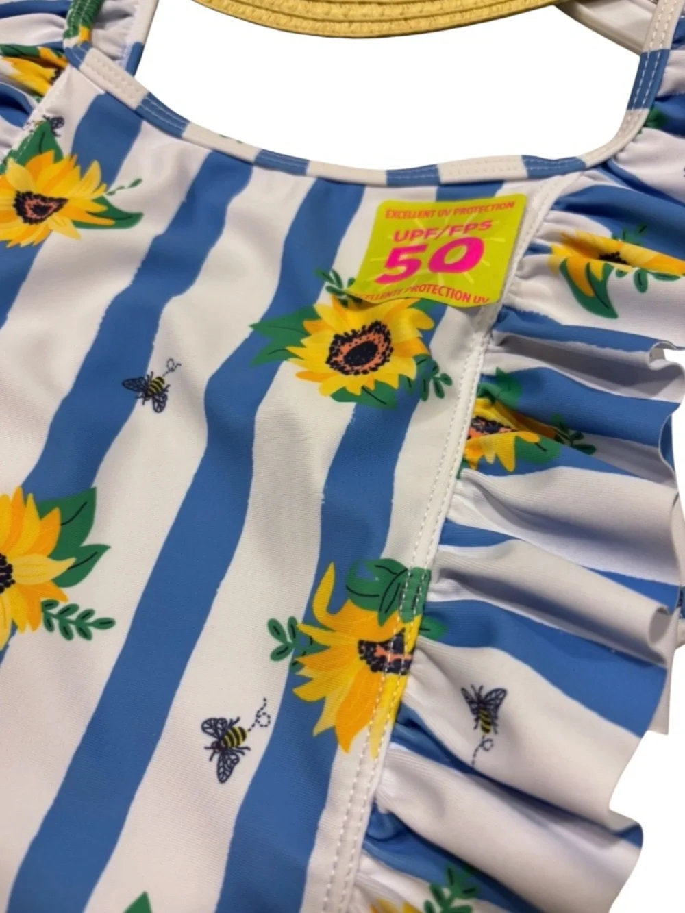 Tommy Bahama Kids Sunflower Stripe Ruffle One-Piece Swimsuit & Matching Hat NWT